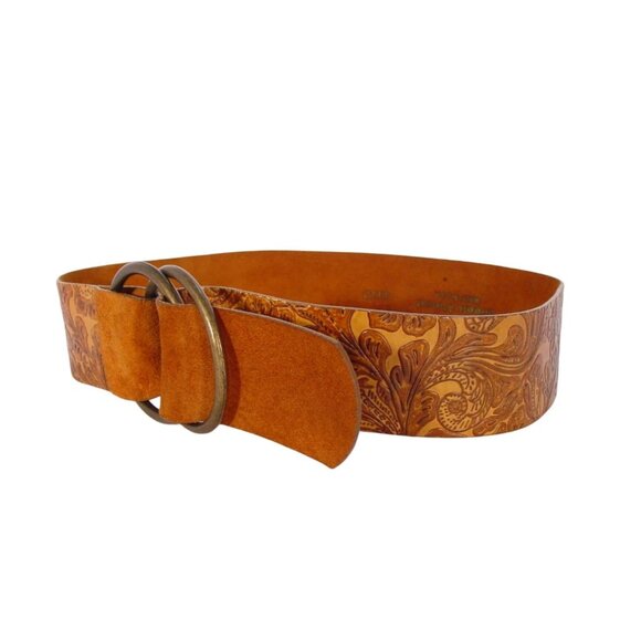 STREETS AHEAD Wide Floral Embossed Leather Belt Women's S - Made in USA - Picture 3 of 8